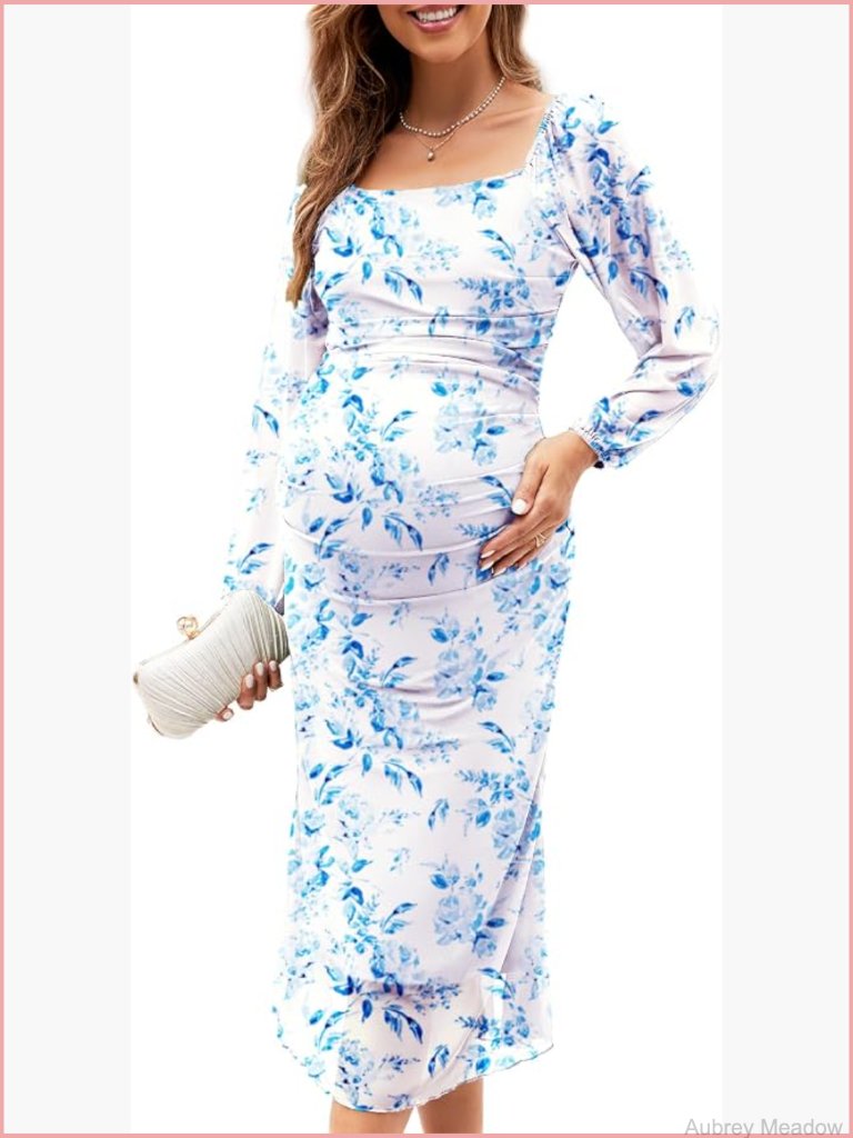 Mesh Ruched Maternity Dress Baby Shower Wedding Guest Square Neck Long Puff